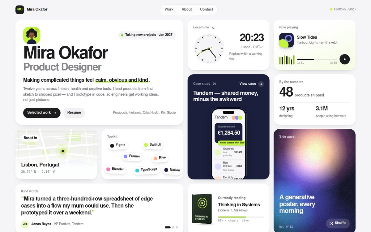 Mira Okafor — Bento Portfolio screenshot
