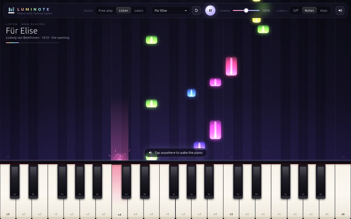 Luminote — Piano with Falling Lights screenshot